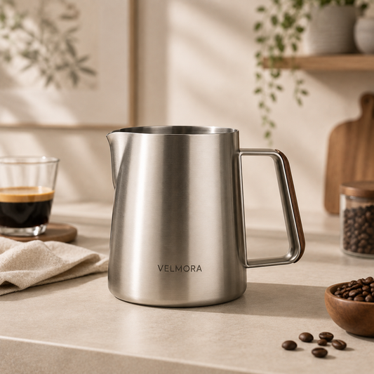 VELMORA Wood‑Accent Milk Steaming Pitcher